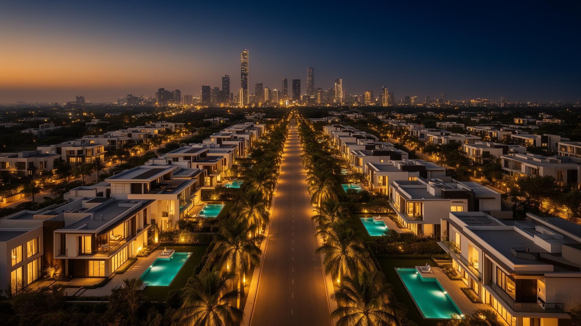 Aerial view of luxury gated community in Hyderabad at twilight — premium real estate by VJ Urban Reality